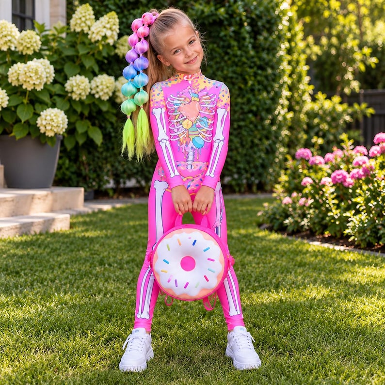 May include: A bright pink long-sleeve jumpsuit featuring a white skeleton print with a colorful heart and candy graphic on the chest. The outfit is paired with a round white donut-shaped backpack with colorful sprinkles and white sneakers.