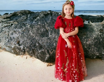 Elegant Marsala Flower Girl Gown - Bohemian Burgundy Lace Toddler Dress - Embroidered Birthday Dress - Perfect for Wedding, Special Occasion