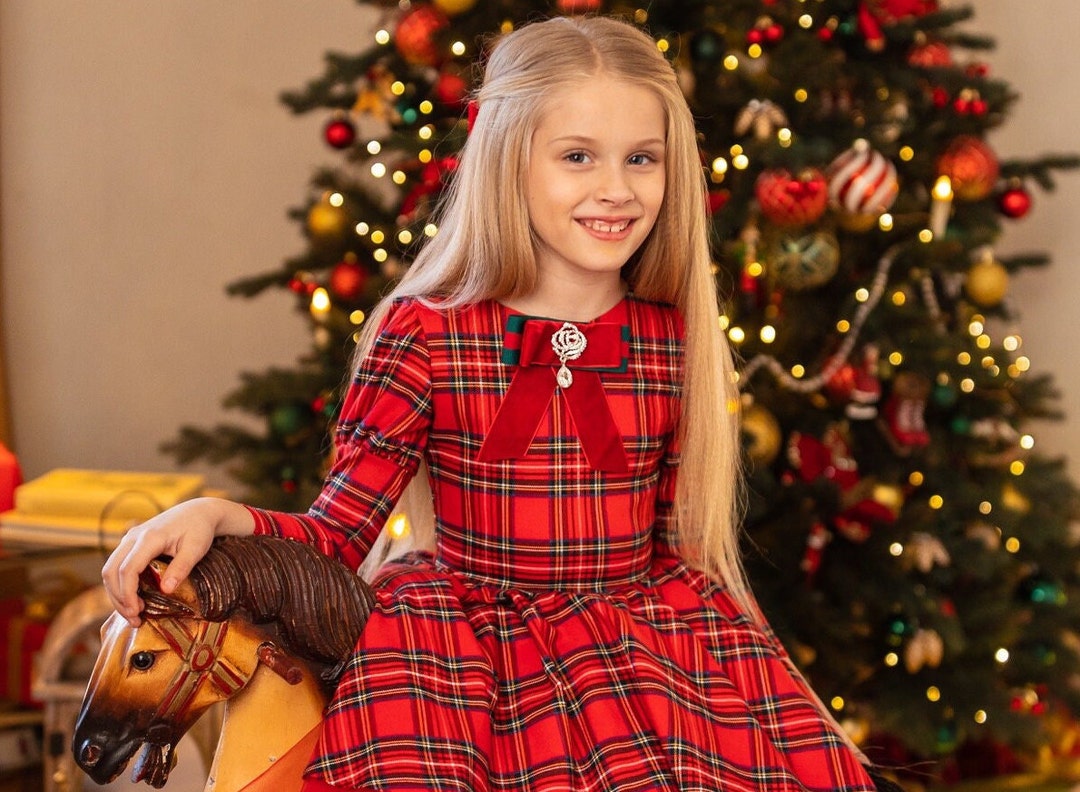 Christmas Tartan Red Green Long Sleeve Cotton Dress Holiday