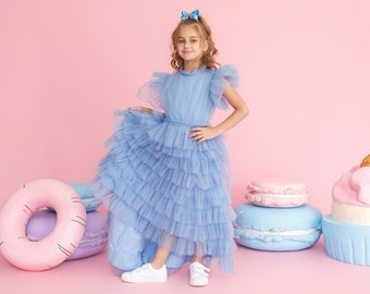 Elegant Sky Blue Tulle Dress for Girls: Perfect Birthday, Princess & Party Attire with Graceful Train for Party, Dress-up play, Celebrations