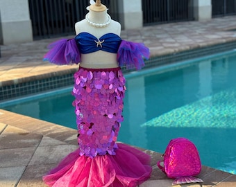 Mermaid Costume Set for Girls — Blue Top + Fuchsia Tail Skirt (3–8Y), Tee+Skirt / Top / Skirt, Optional Backpack
