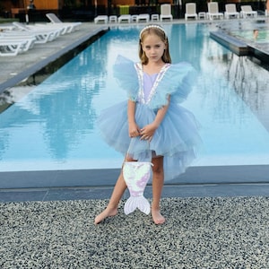 Blue Mermaid Dress for Girl, Themed Party Outfit for Kids, Sea Princess Gown, Perfect for Halloween, Toddler Birthday, Dress-up Photoshoot
