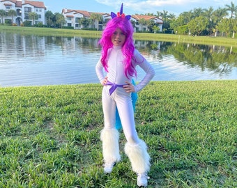 Enchanting Unicorn Costume with Glowing Purple Wig and Turquoise Tail - Perfect for Halloween, Pony Parties, and Birthdays