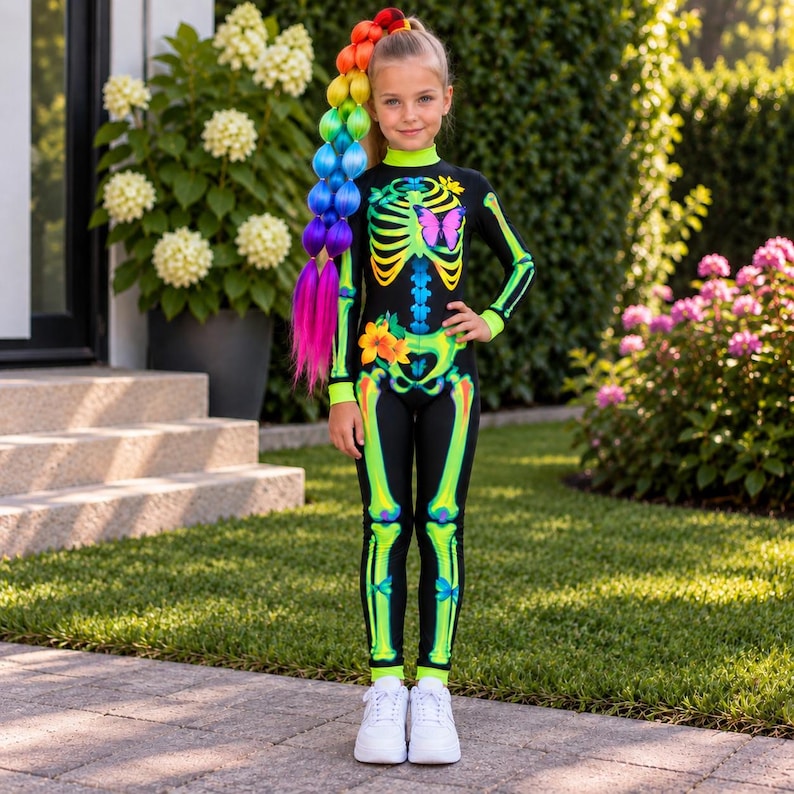 May include: A black long-sleeved jumpsuit featuring a neon green skeleton print with yellow and blue butterfly accents. The outfit includes a long, vibrant rainbow-colored hair extension piece attached at the top, paired with plain white sneakers.