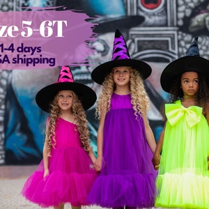Halloween party witch girl dress, neon birthday tutu, matching sisters costumes, purple, hot pink & lime fancy dresses, kids wizard hat