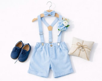 Sky Blue Linen Ring Bearer Outfit, Boys Wedding Shorts, Suspenders, Bow Tie Set