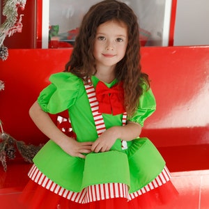 Kids Christmas Dress, Santa First Christmas Dress, Green and Red Party Outfit, Elf Cosplay Costume, Christmas Party Attire for Girl image 6