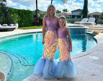 Mom and Daughter Mermaid Tail Dress, Under the Sea Look, Mom and Me Halloween or Christmas Party Outfit, Little Mermaid Purple Costume