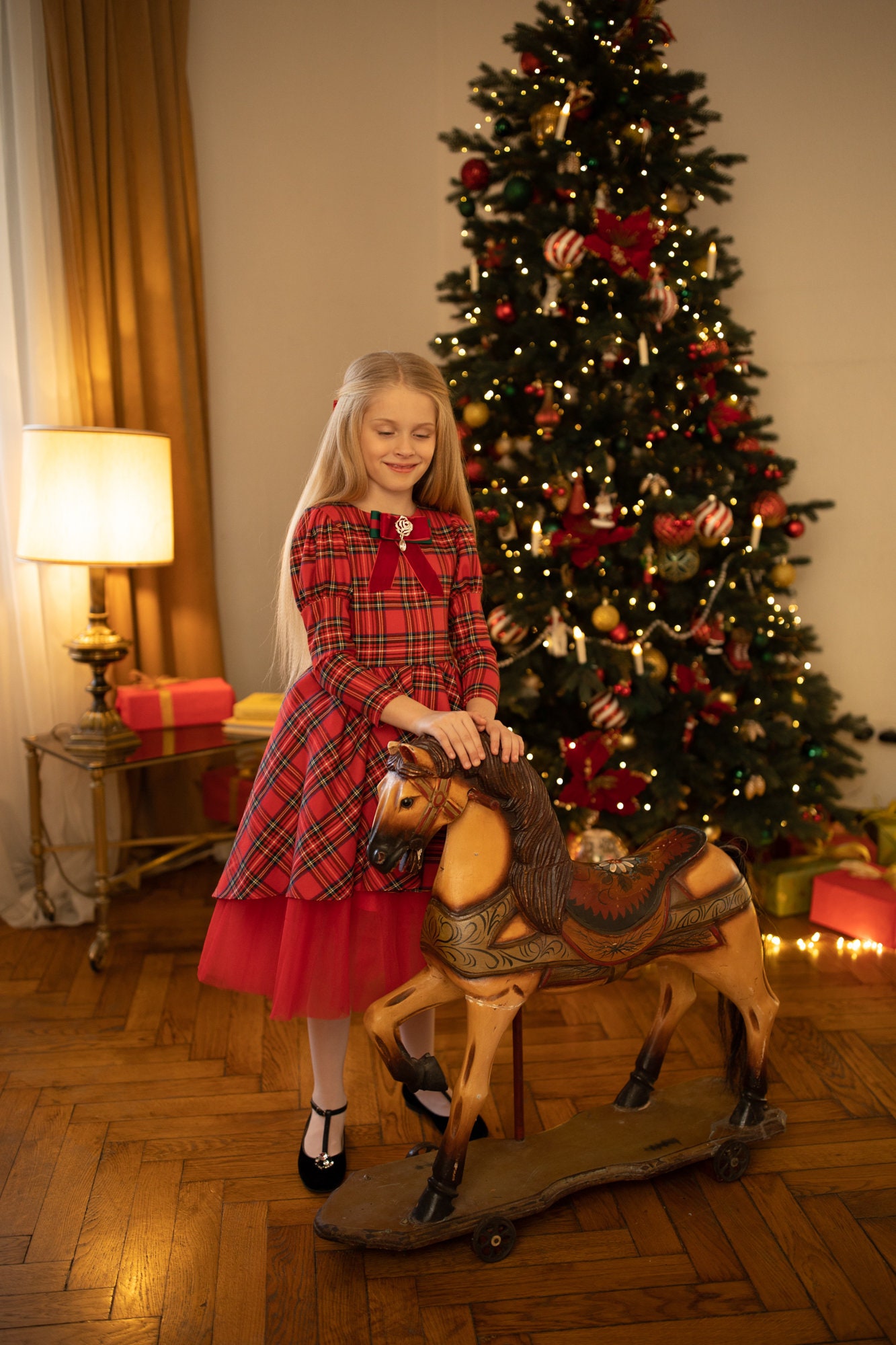 Christmas Tartan Red Green Long Sleeve Cotton Dress | Holiday Toddler Outfit | Winter Outfit | Tutu Skirt Dress for Girls Puffy Skirt