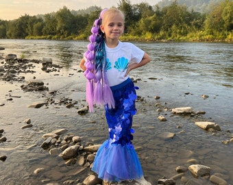 Magical Mermaid Theme Party Outfit: Little Mermaid Tail Costume with Seashell Print T-Shirt, Fantasy Cosplay for Kids Toddler fishtail skirt