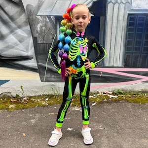 Toddler Girl Halloween Costume - Enchanting Fluorescent Black and Rainbow-Green Glowing Skull Costume, Glows in the Dark, Girl skull costume