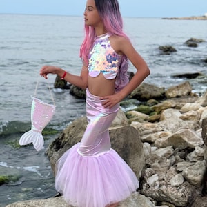 Lilac Mermaid Costume for Girls Sequin Top, Shiny Tail Skirt Crown  Birthday, Halloween, Dress-Up Outfit (Ages 3–8)