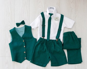 Emerald Green Ring Bearer Outfit for Boys, Page Boy Suit Set of 6, Wedding Bow Tie, Toddlers Boys Formal Wear, Linen Shorts & Suspenders Set