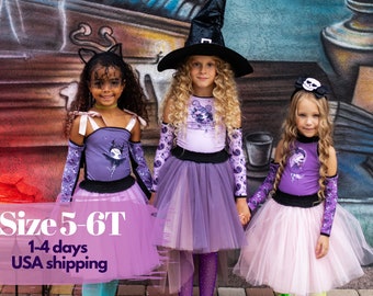 Girls Halloween costume, matching sisters witch & pirate tutu, gothic vampire bat girl outfit, fantasy kids party