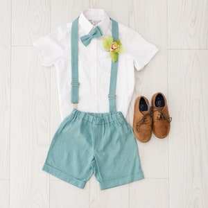 Mint Linen Ring Bearer Outfit with Shorts, Suspenders, and Bow Tie, Boys Wedding Attire, Page Boy Outfit, Toddlers Formal Wear