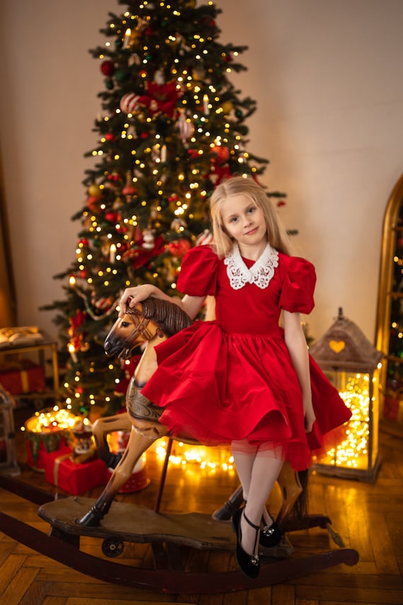 Vestido rojo de niña con cuello Vestidos de niña - Etsy