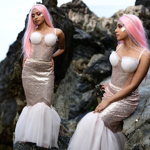 Enchanting Mermaid Tail Costume Set - Perfect for Halloween, Cosplay and Themed Parties - Blush pink fish tail skirt and top for adults