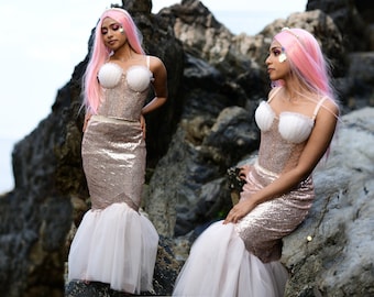 Enchanting Mermaid Tail Costume Set - Perfect for Halloween, Cosplay and Themed Parties - Blush pink fish tail skirt and top for adults