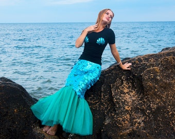 Sequin-Adorned Mermaid Tail Skirt & Black Shell Tee: Turquoise Mermaid Costume for Adults, Tulle Tail Skirt and Tee with Shell Detail