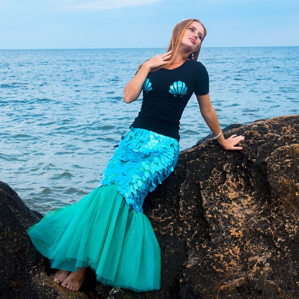 Sequin-Adorned Mermaid Tail Skirt & Black Shell Tee: Turquoise Mermaid Costume for Adults, Tulle Tail Skirt and Tee with Shell Detail