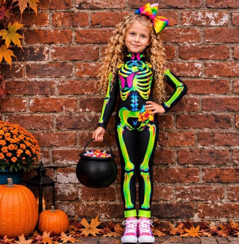 May include: A black long-sleeved jumpsuit featuring a vibrant neon green and blue skeleton print with pink butterfly accents on the chest and a yellow flower on the hip, paired with a large rainbow-colored hair bow and pink sneakers.