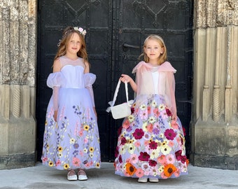 Flower Embroidery Tulle Dress For Flower Girl, Spring Dress For Girls,Lace flower girl dress boho girl dress Embroidered florar flower dress