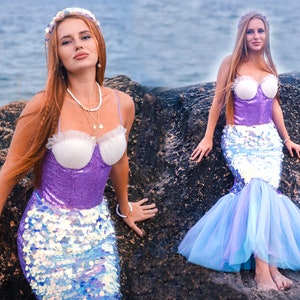 Mermaid Tail Kostüm Set für Erwachsene und Jugendliche-Für Halloween, Cosplay und Themenpartys - Funkelnder Fischschwanzrock und Oberteil, kostenloser US-Schiff