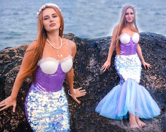 Mermaid Tail Costume Set for Adults and Teens-For Halloween, Cosplay and Themed Parties -  Sparkling Fish Tail Skirt and Top, Free U.S. Ship