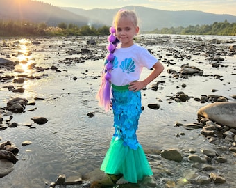 Enchanting Little Mermaid Tail Costume with Seashell Print Tee – Perfect for Fantasy Cosplay, Birthdays -Turquoise toddler fishtail skirt