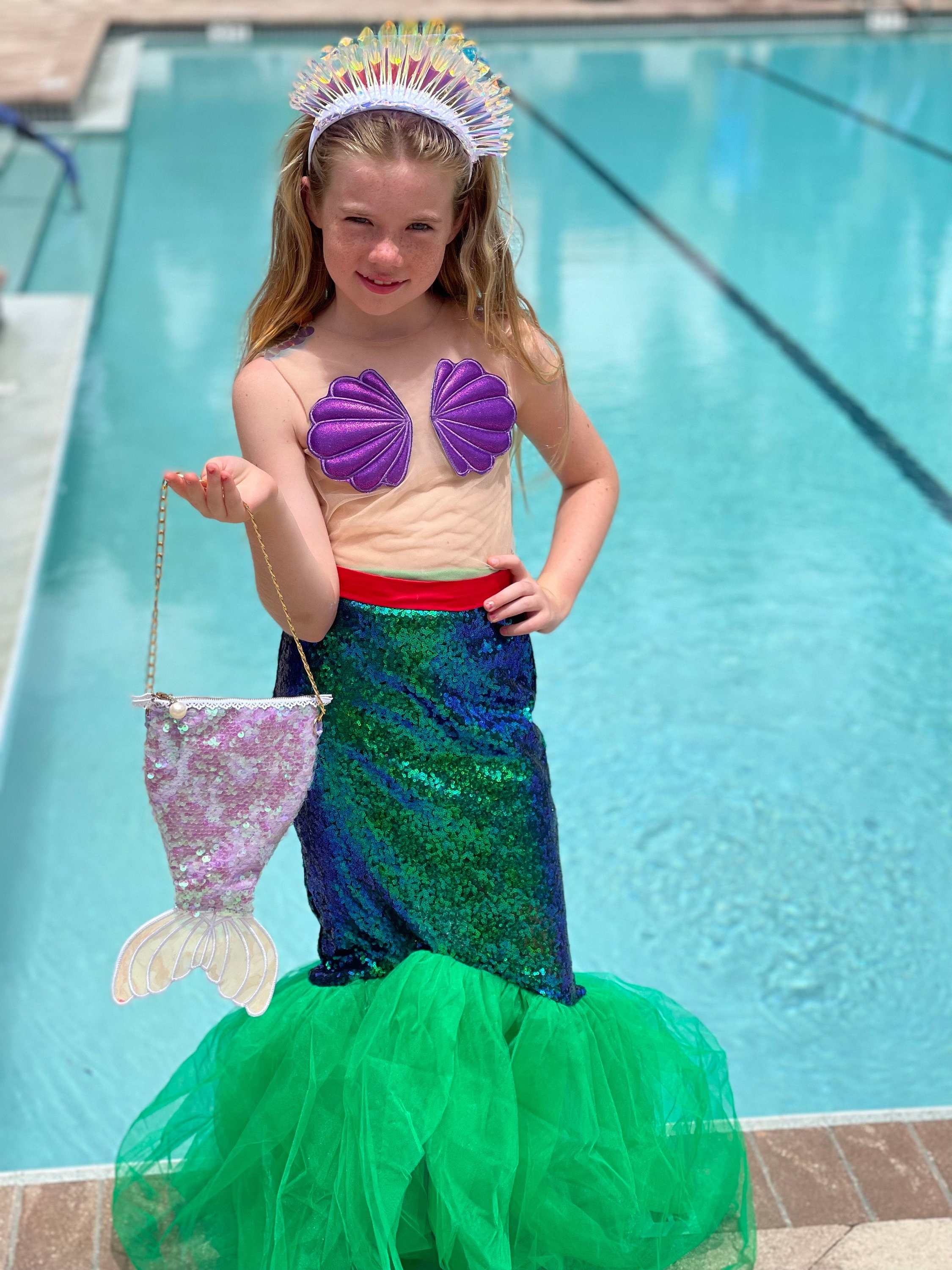 Kids Mermaid Costume Top – Green Shiny Scale Print – Girls Party Dress Tops Ages 3-9 Years
