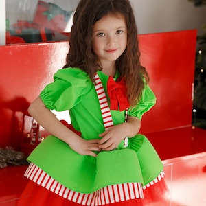 Kids Christmas Dress, Santa First Christmas Dress, Green and Red Party Outfit, Elf Cosplay Costume, Christmas Party Attire for Girl image 7