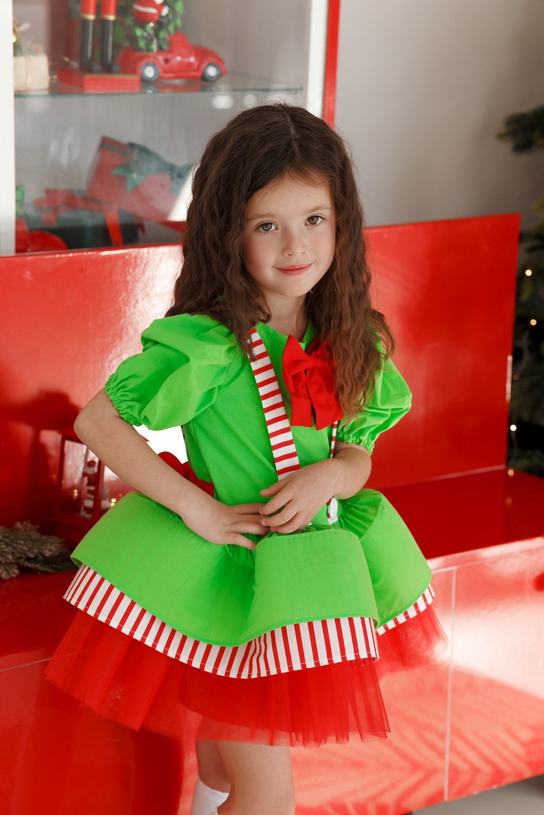 Kids Christmas Dress, Santa First Christmas Dress, Green and Red Party Outfit, Elf Cosplay Costume, Christmas Party Attire for Girl image 7