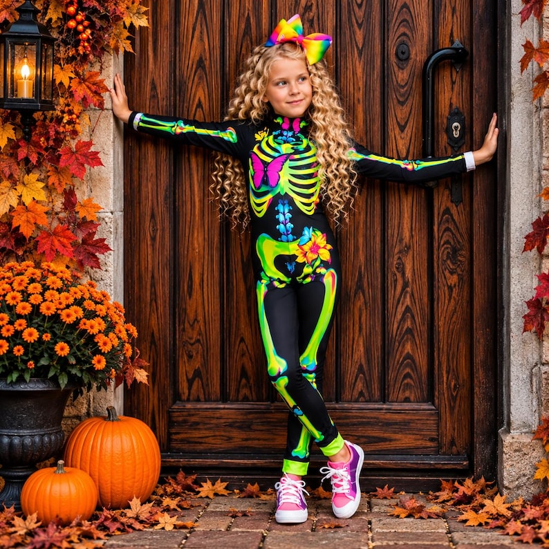 May include: A black long-sleeve jumpsuit featuring a neon green skeleton print with a pink butterfly on the chest and a yellow flower on the hip. The jumpsuit has a high neckline and is paired with a large, multi-colored rainbow hair bow.