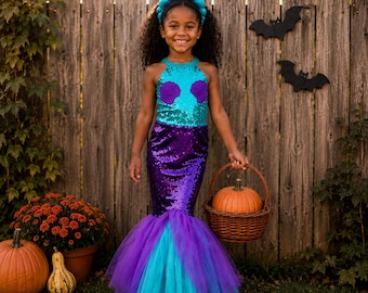 Mint Purple Mermaid Dress for Girls, Mermaid Birthday Dress, Halloween Mermaid Costume, Ocean Princess Outfit, Photo Shoot Dress 3-10Y