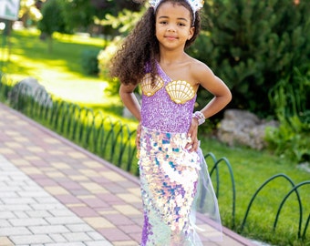 Sequin mermaid tail dress, fairytale princess girl, sea birthday party, Halloween or Christmas outfit, off shoulder fishtail costume