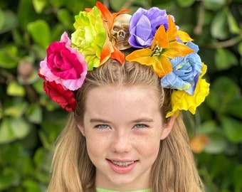 Unique Sugar Skull Flower Crown Headband - Halloween & Day of the Dead Accessory - Gothic Festival Headpiece