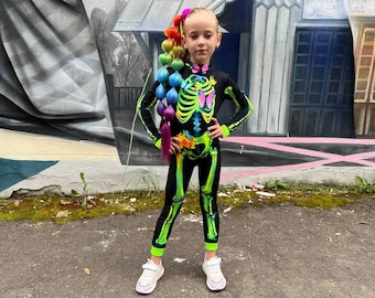 Toddler Girl Halloween Costume - Enchanting Fluorescent Black and Rainbow-Green Glowing Skull Costume, Glows in the Dark, Girl skull costume