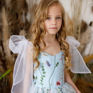 Boho embroidered girl dress fairy flower girl dress tulle blue girl dress baby lace dress toddler girl dress
