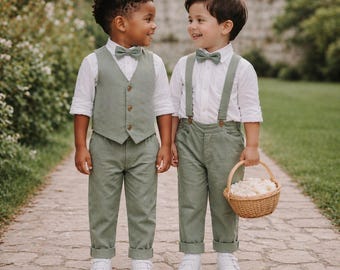 Completo da paggetto in lino verde salvia per bambini, abito da sposo, completo da cerimonia per bambini piccoli