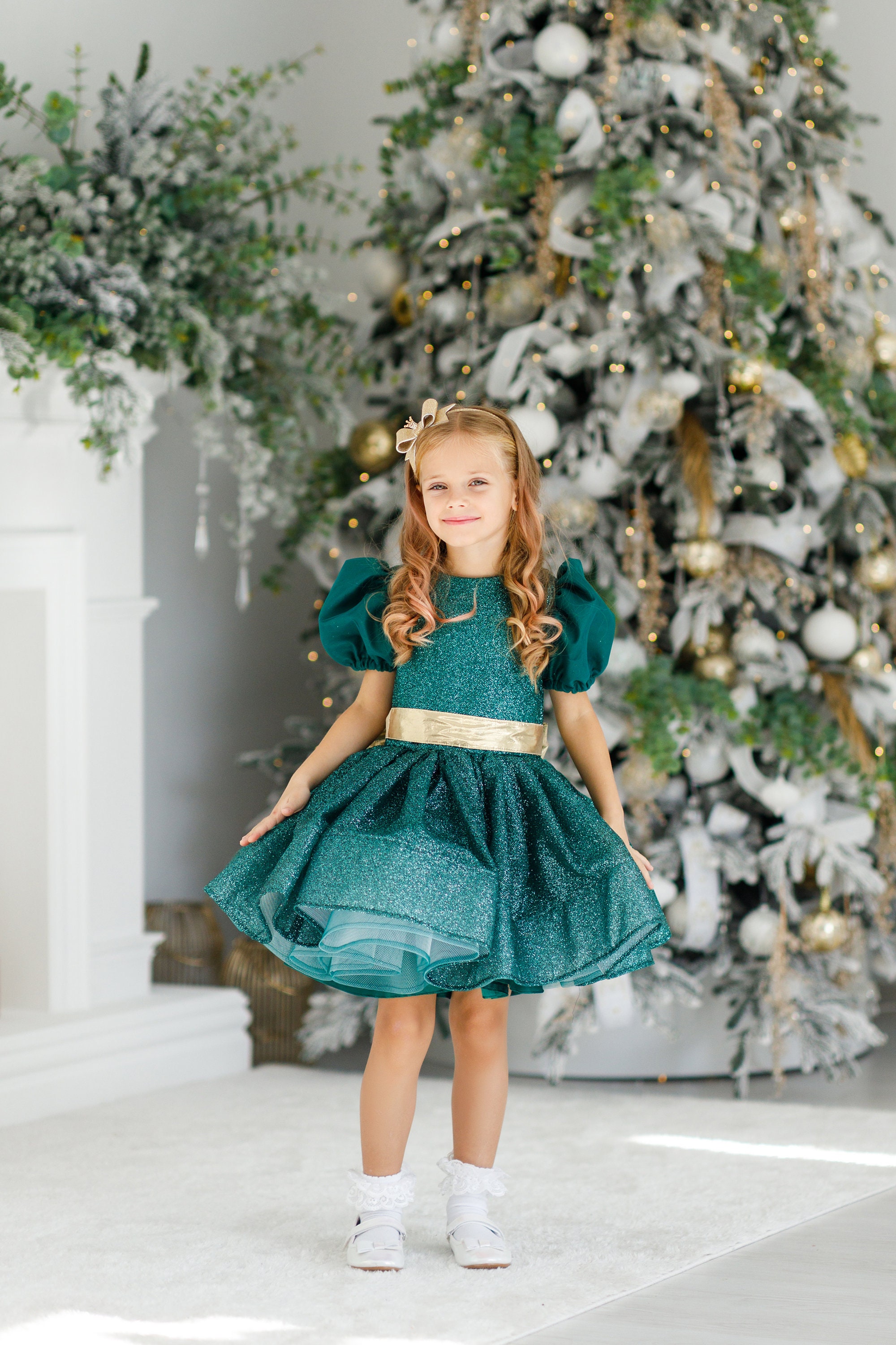 Emerald Green Christmas Dress for Girls Sparkling Holiday Dress with Gold Sash Winter Festive Outfit Holiday Kids Gown Emerald Green Christmas Dress for Girls Sparkling Holiday Dress with Gold Sash Winter Festive Outfit Holiday Kids Gown