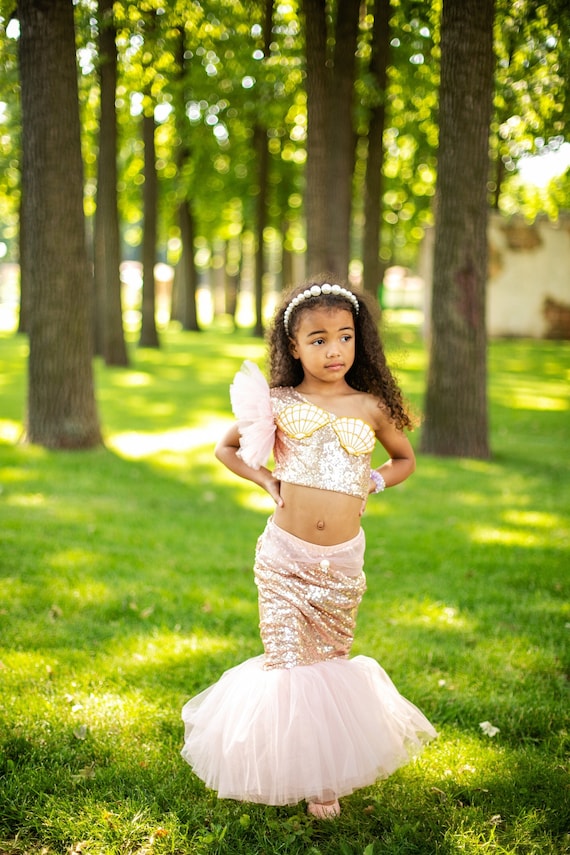 Robe sirène à paillettes dorées, anniversaire fille princesse de la mer,  haut rose poudré à épaules dénudées, jupe queue de poisson en tulle,  costume d'Halloween de coquillage -  France