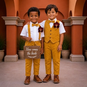Può includere: Due bambini con pantaloni giallo senape, camicie bianche e scarpe in pelle marrone. Uno indossa bretelle e papillon giallo senape, tenendo un cartello in legno con la scritta "Here comes the bride". L'altro indossa un gilet e un papillon abbinati.