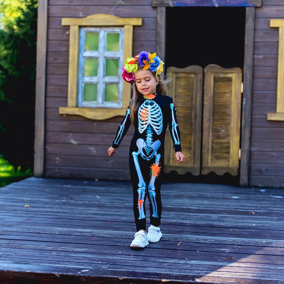 Costume Scheletro Bambina Con Gonna Tutù E Parrucca Colorata | Vestito Halloween Arcobaleno Per Ragazze - 2