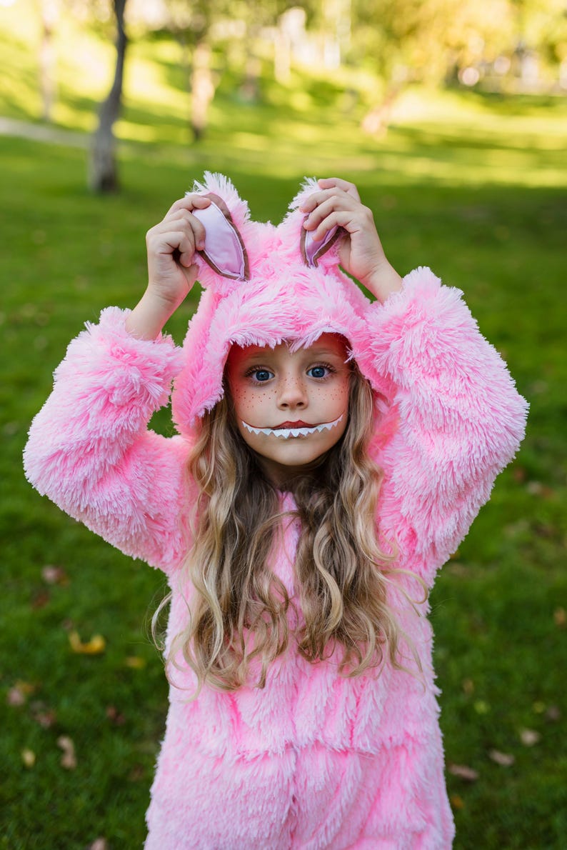 Pink Cute Monster Costume — kids fleece jumpsuit with hood and ears
