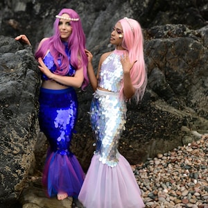 Sequins Mermaid Woman Costume - Blue Fish Tail Skirt and Top - Perfect for Halloween, Cosplay and Themed Parties