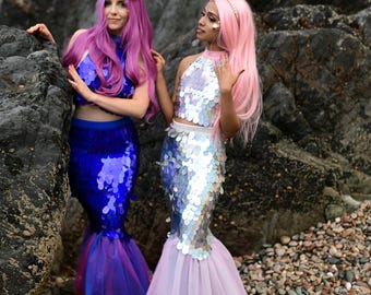 Disfraz de sirena con lentejuelas para mujer - Falda y top de cola de pez azul - Perfecto para Halloween, cosplay y fiestas temáticas