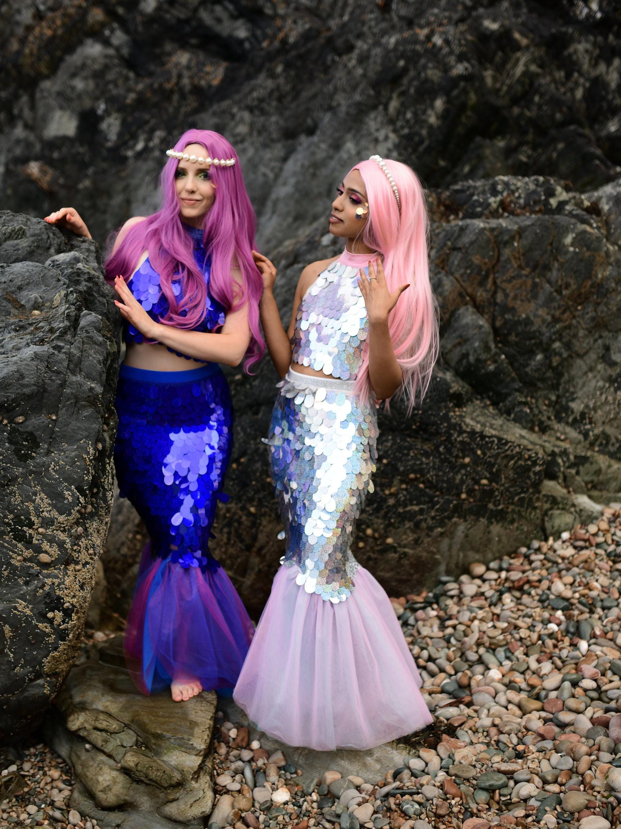 Sequins Mermaid Woman Costume - Blue Fish Tail Skirt and Top