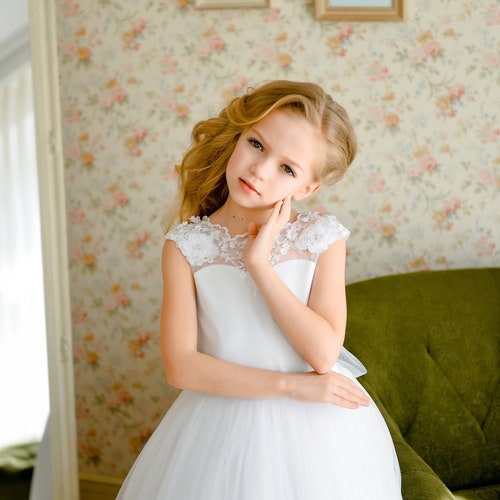 Flower girl white dress, lace shops wedding gown, open back princess tutu, floor length dress, toddler birthday party, special occasion dress