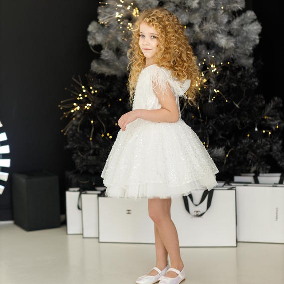 Discoball Vestito Da Principessa Per Bambine – Abito Floreale 3D Con Fiocco, Bianco 2-3 Anni