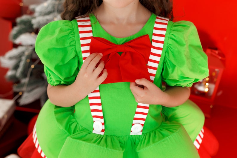 Kids Christmas Dress, Santa First Christmas Dress, Green and Red Party Outfit, Elf Cosplay Costume, Christmas Party Attire for Girl image 9